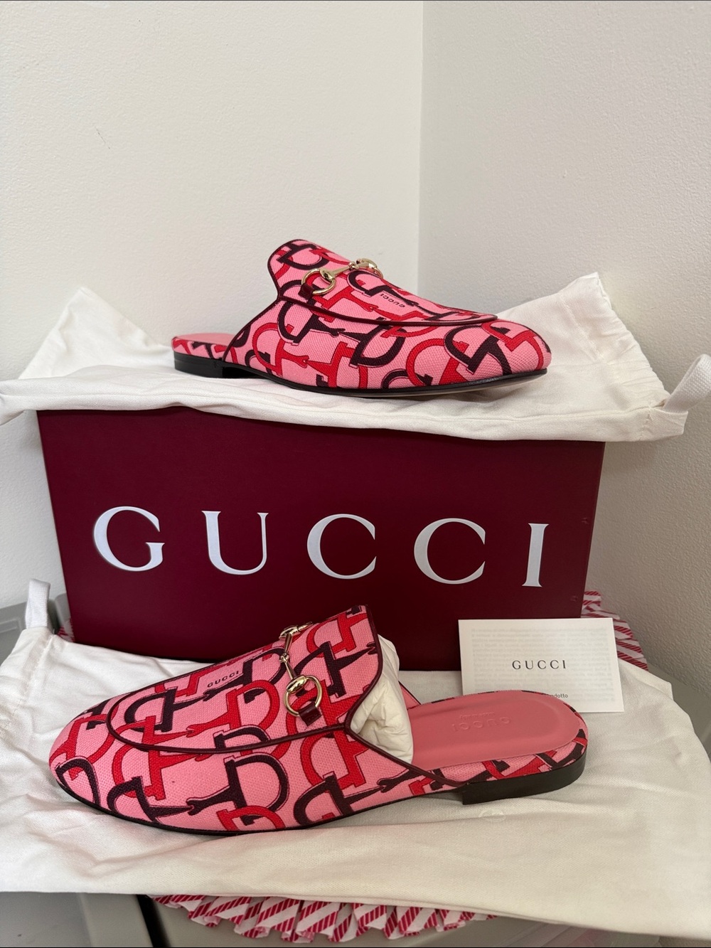 Gucci Pink & Red GG-Print Leather Horsebit Mule size 9.5